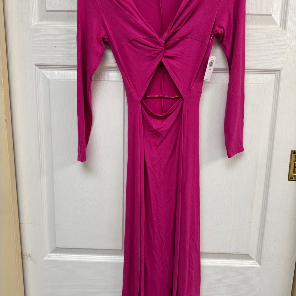 Pink fit & flare twist front cutout midi dress